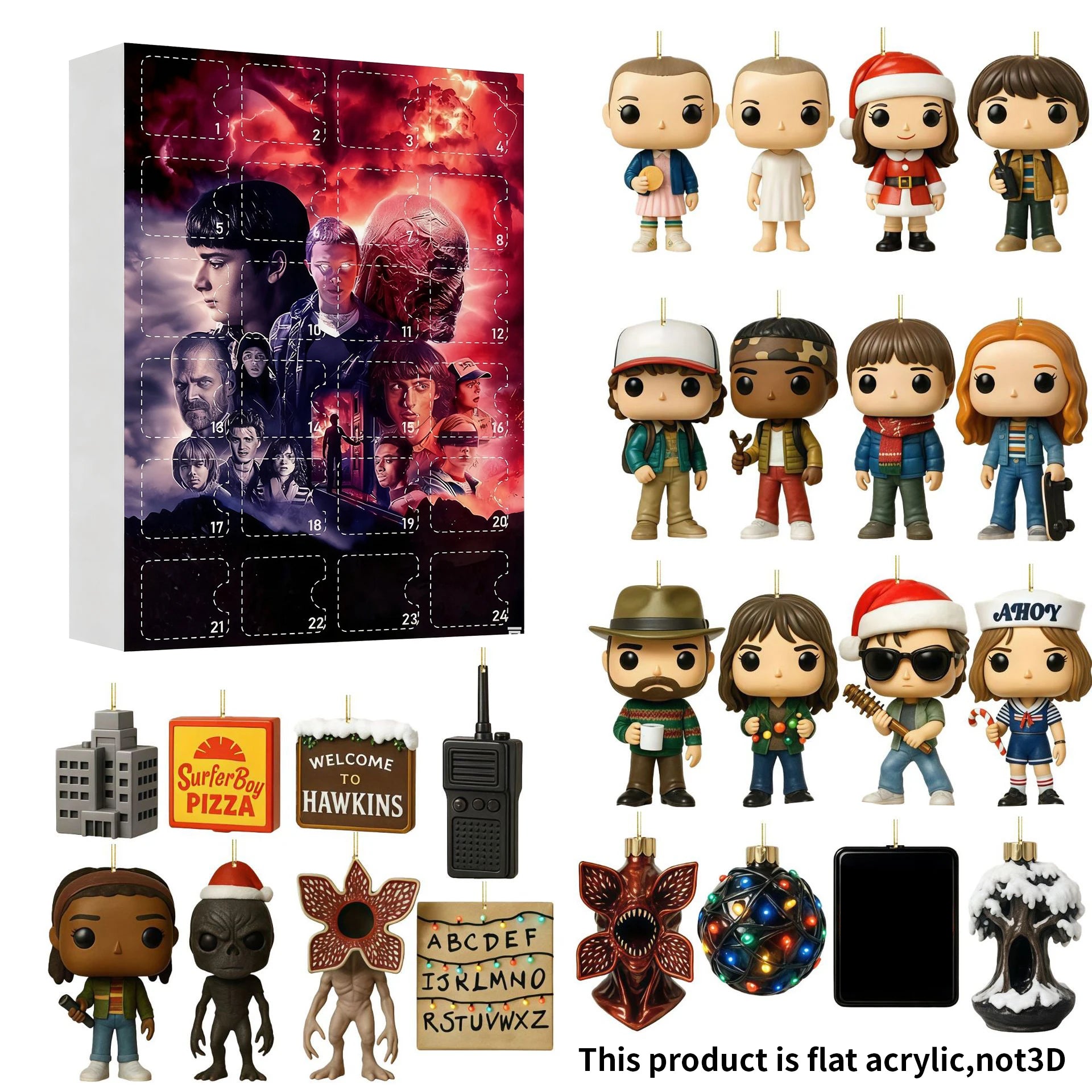 24 Peças de Calendário do Advento Stranger Things em Caixas Surpresa.